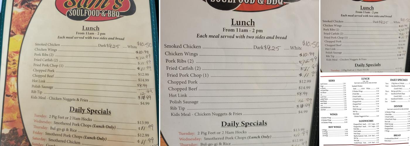 Sam's Soul Food & Barbeque Menu