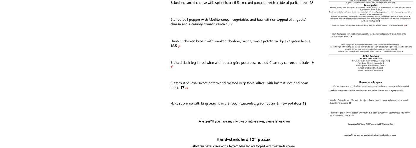 The Crown Inn Menu