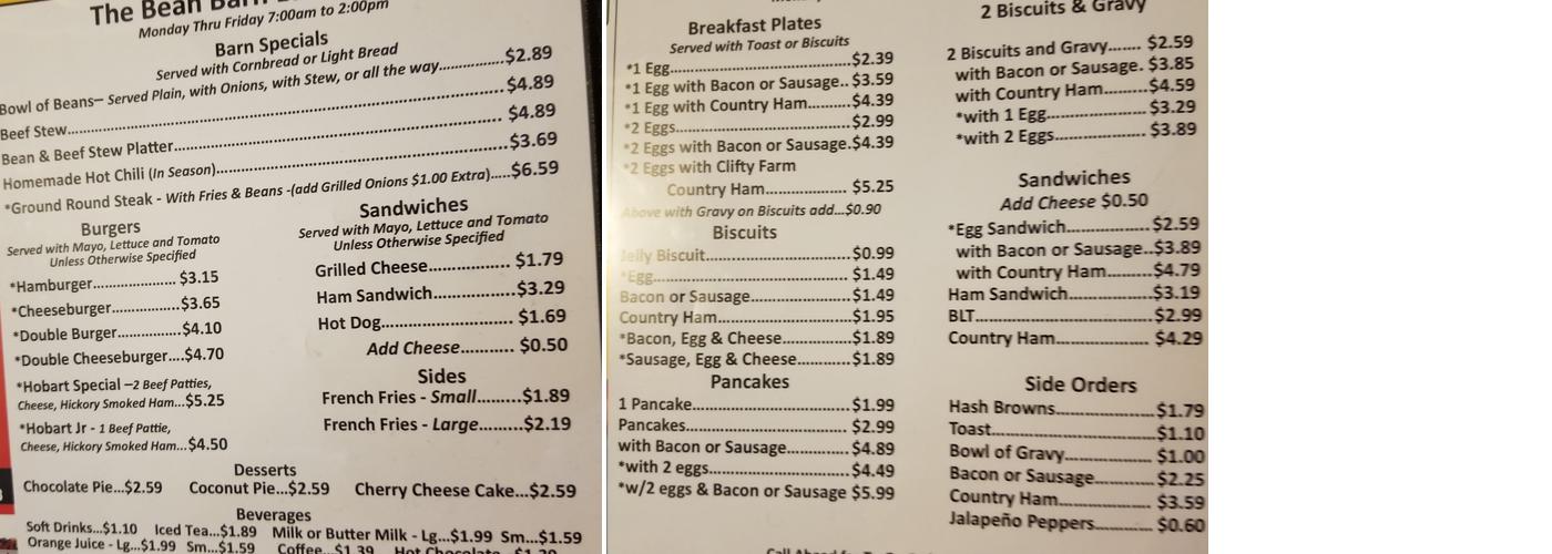 Bean Barn Menu