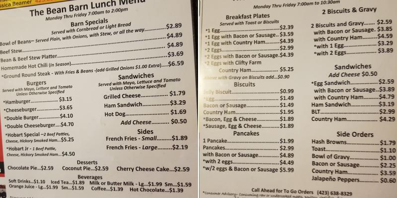 Bean Barn Menu