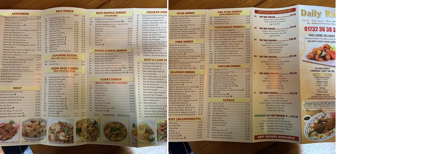 Daily Rice Chinese Restaurant/Takeaways Menu