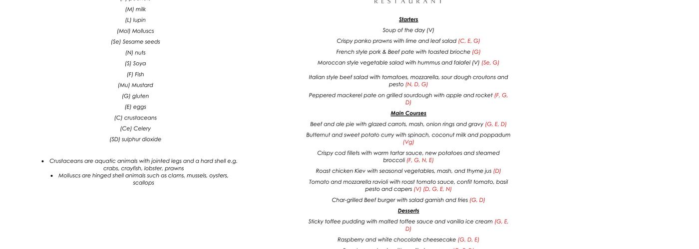 Wealden View Restaurant Menu