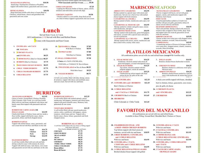 Manzanillo Mexican Restaurant Menu