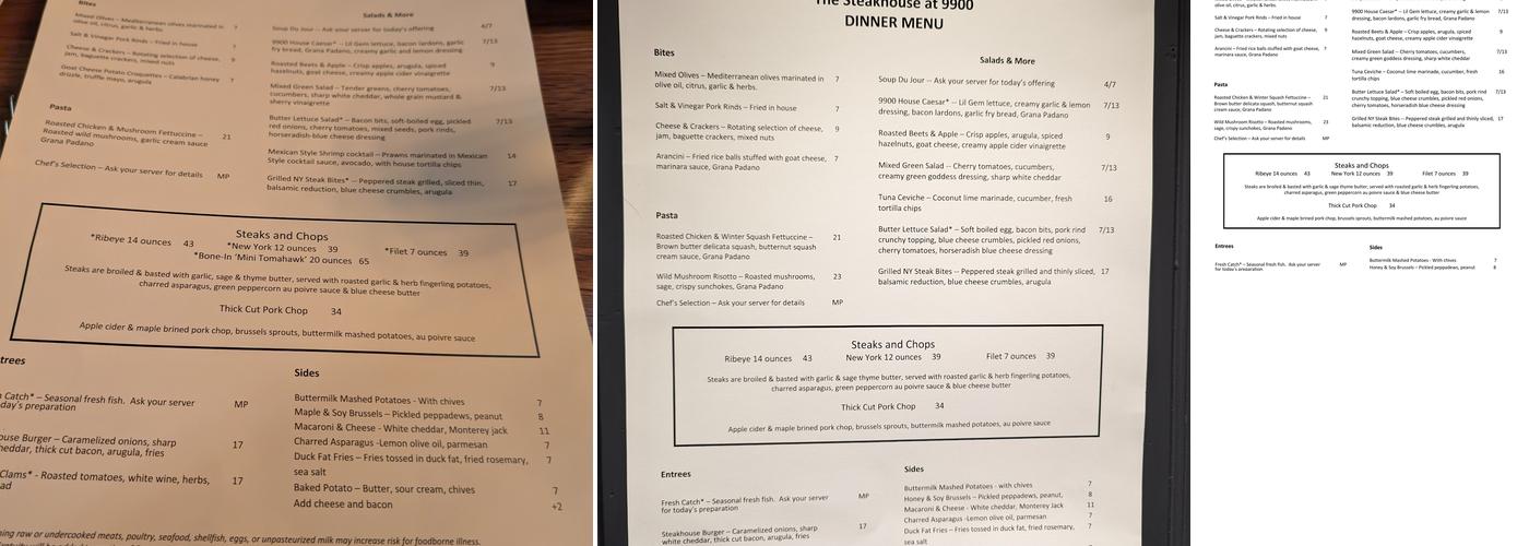 The Steakhouse at 9900 Menu