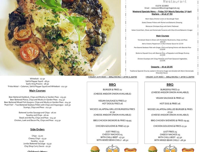 Weavers Bocking Menu