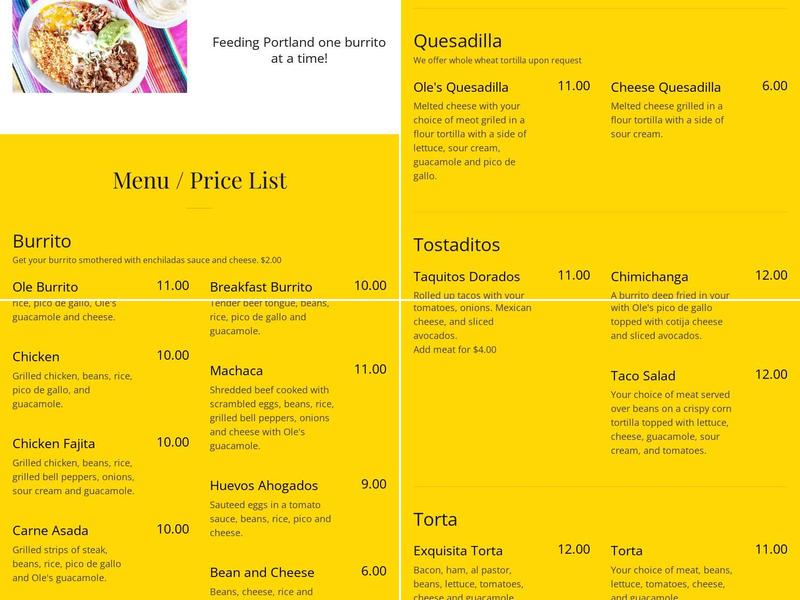 Olé Olé Menu
