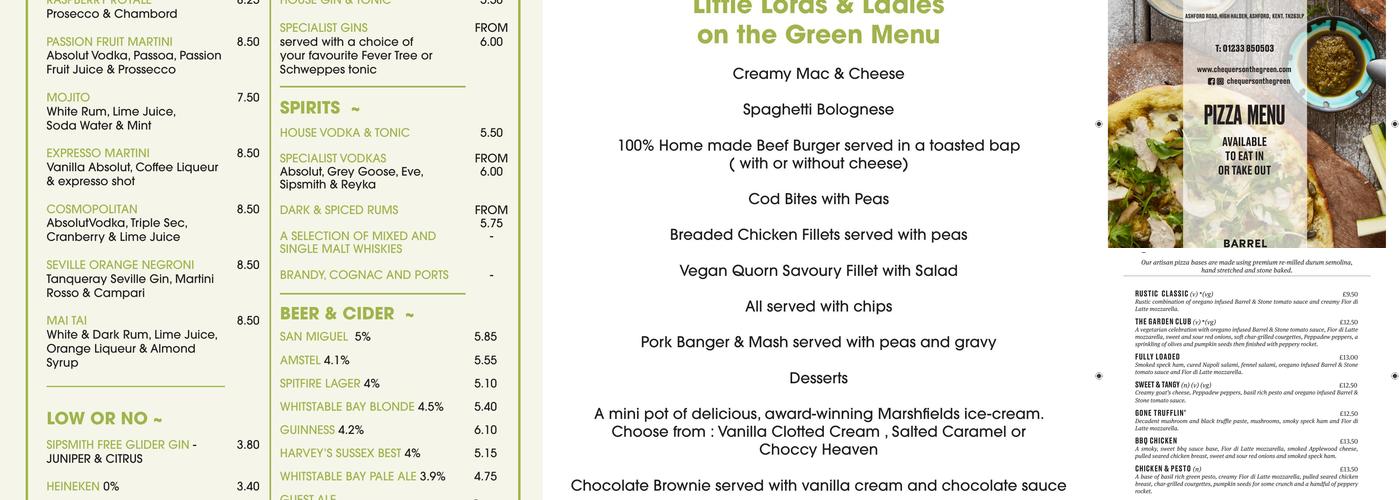 Chequers on the Green Menu