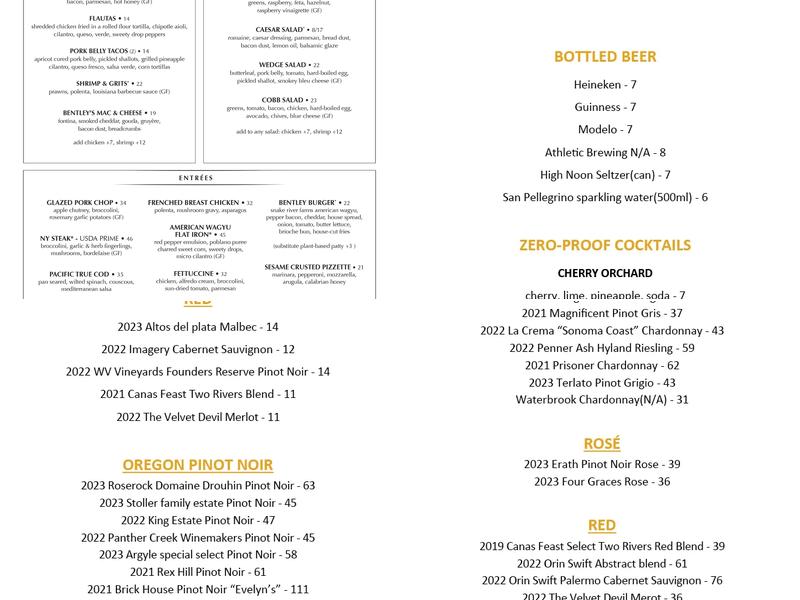 Bentley's Menu