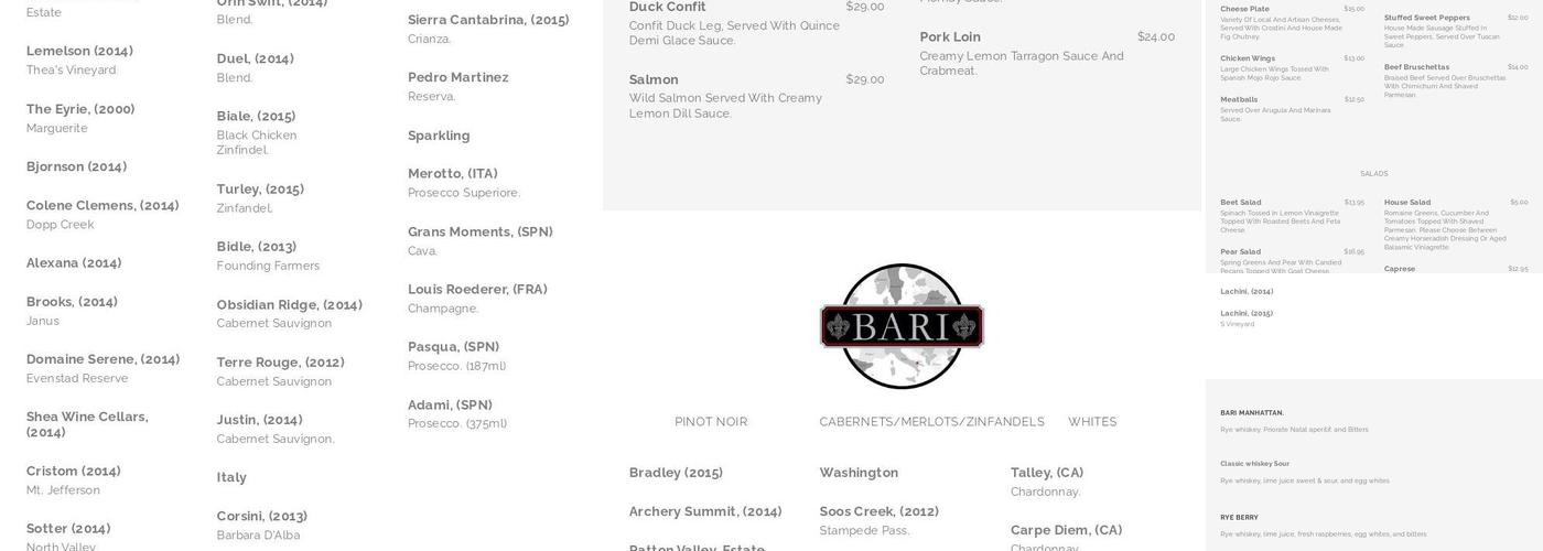 Bari Restaurant and Bar Menu