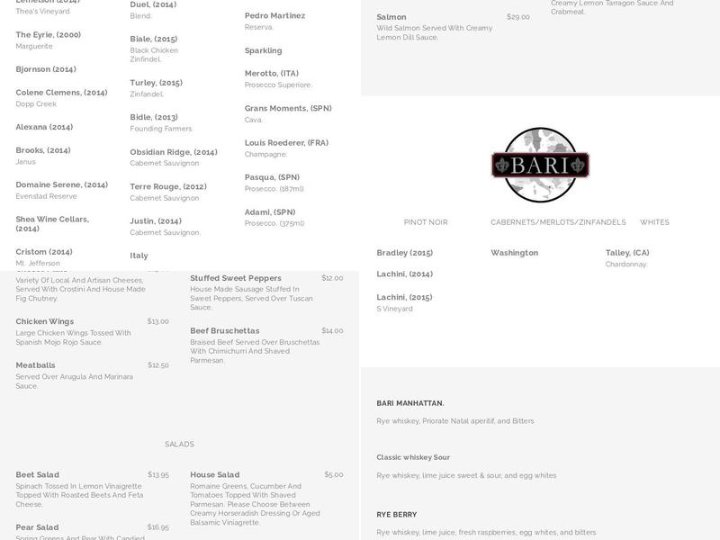 Bari Restaurant and Bar Menu