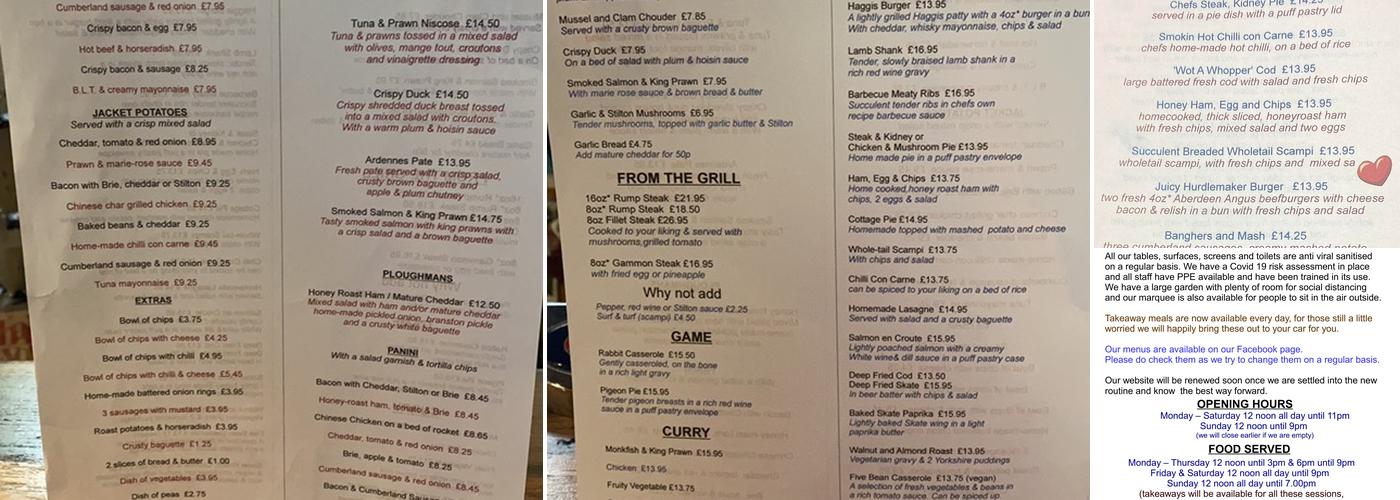 The Hurdlemakers Arms Menu