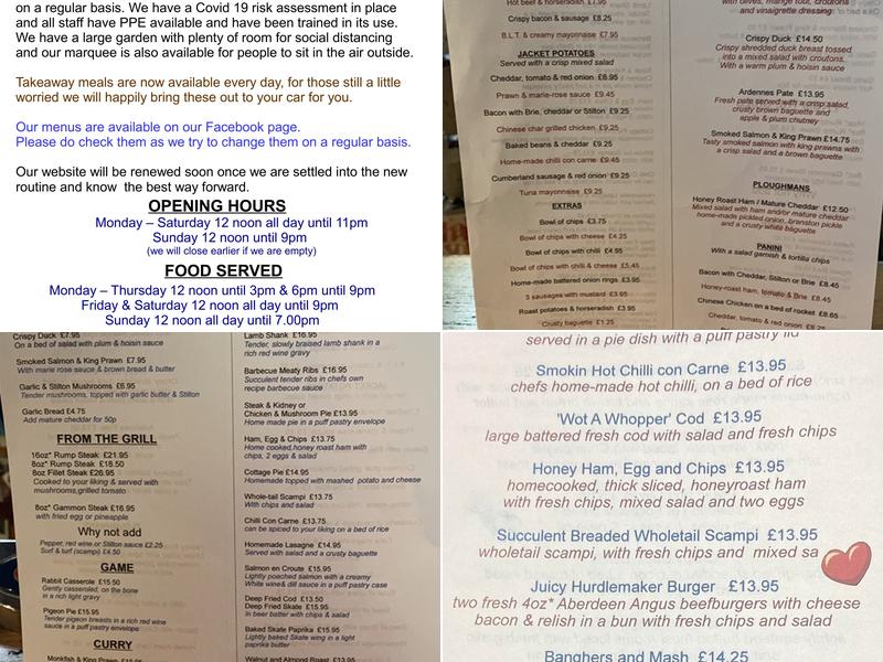 The Hurdlemakers Arms Menu