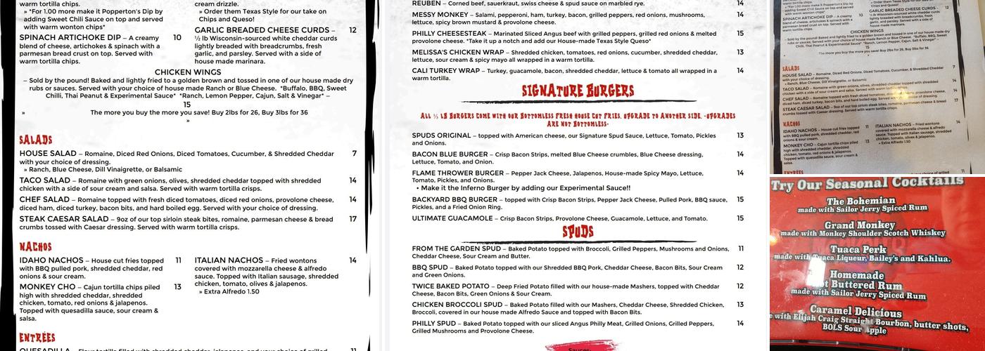Spud Monkey's Bar and Grill Menu