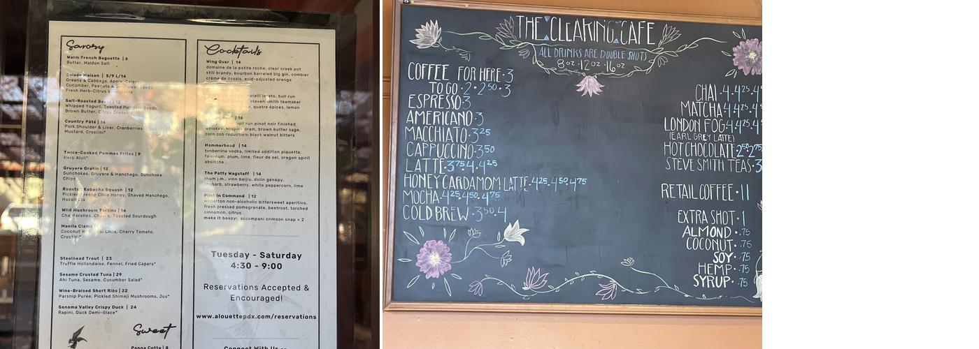 The Clearing Cafe Menu