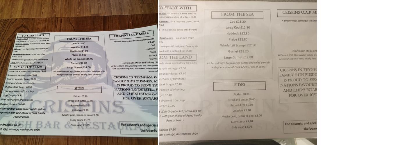 Crispin's Fish Bar Menu