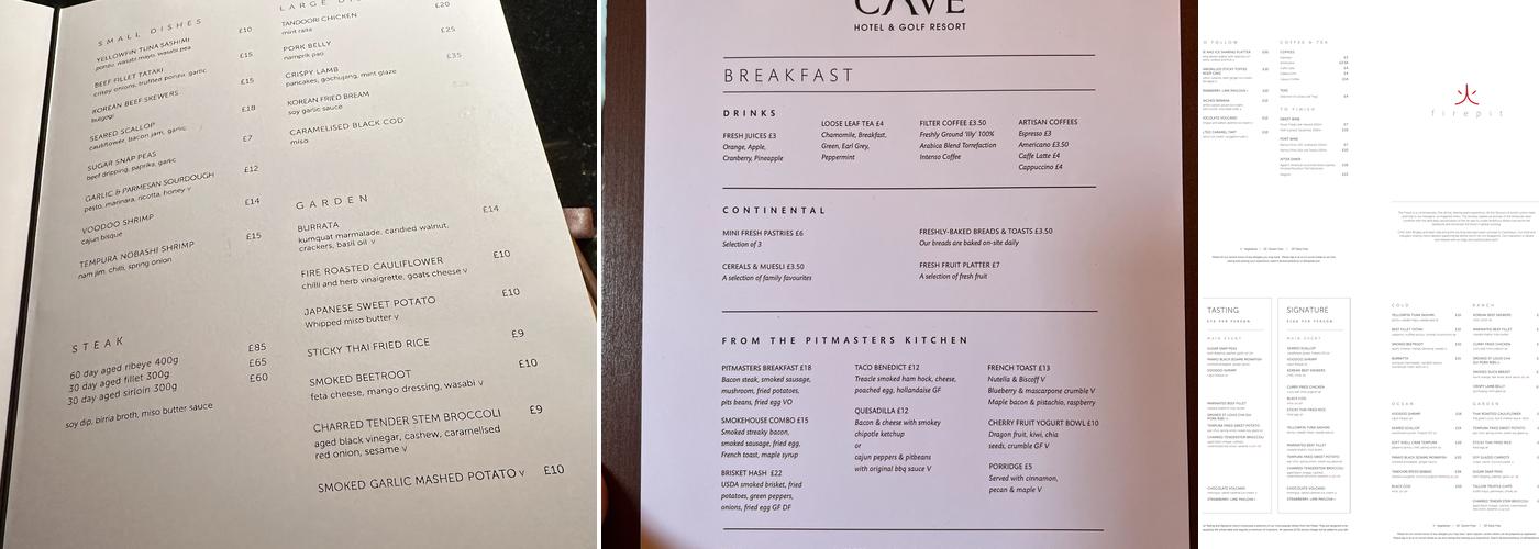 Firepit Restaurant at The Cave Menu