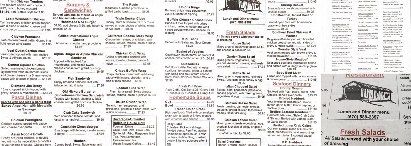 Creekside Restaurant Menu
