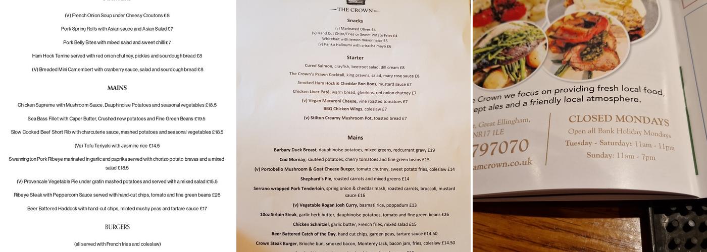 Crown at Great Ellingham Menu