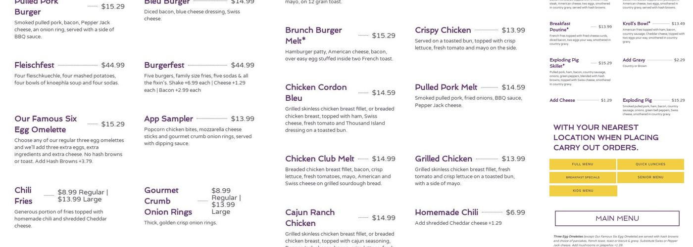 Kroll's Diner Menu