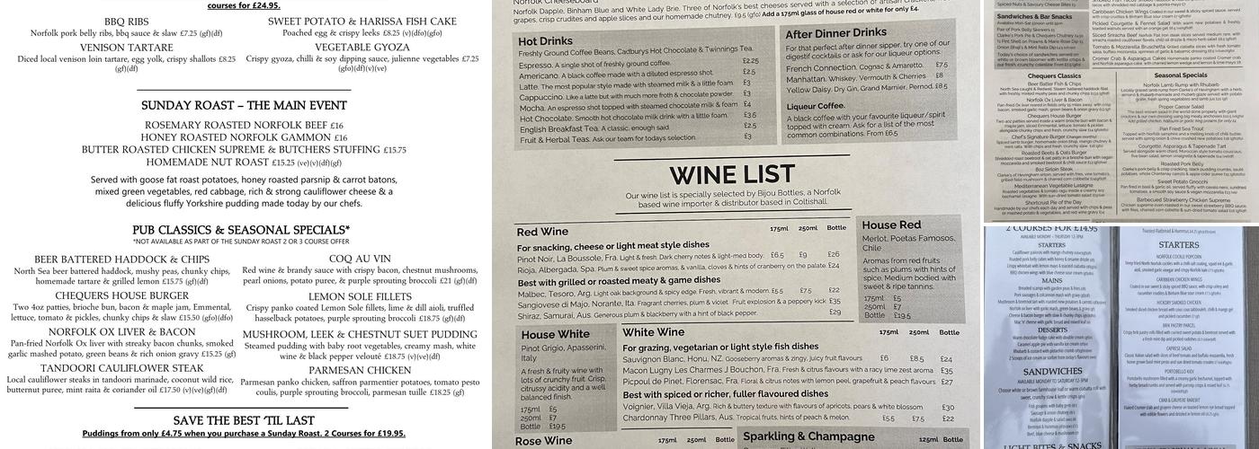 The Chequers, Hainford Menu