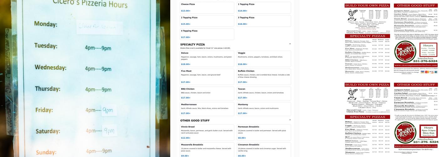 Cicero’s Pizza Menu