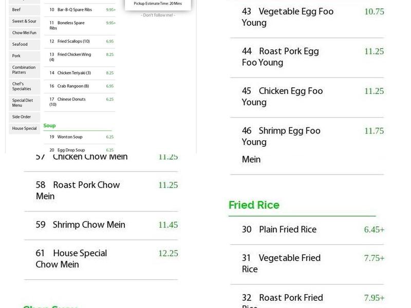 Panda King Menu