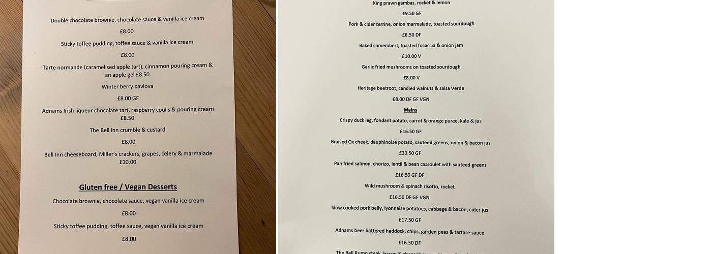 Bell Inn Menu