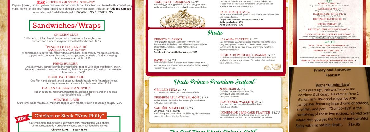 Uncle Primo's Menu