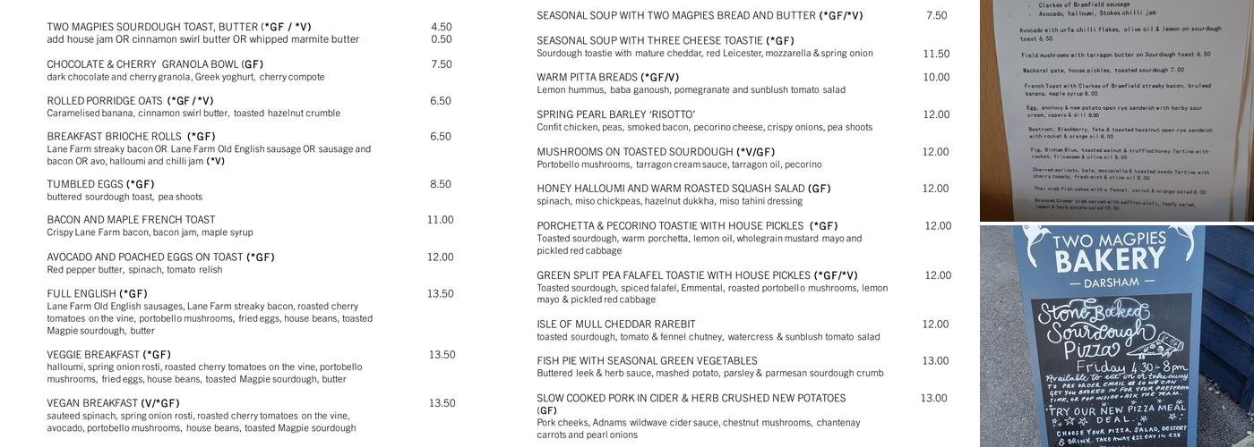 Two Magpies Bakery Darsham Menu