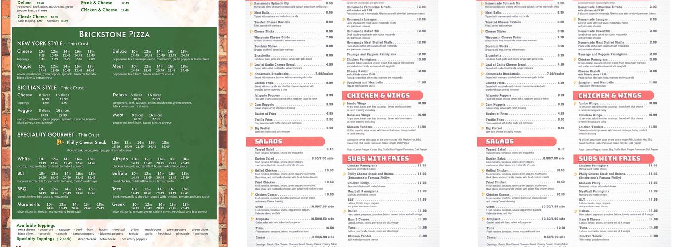Brickstone Pizza Menu