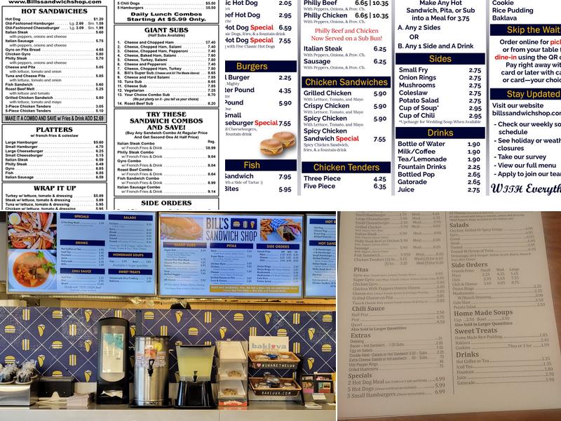 Bill's Sandwich Shop Menu