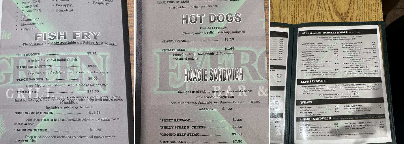 Evergreen Cafe Menu