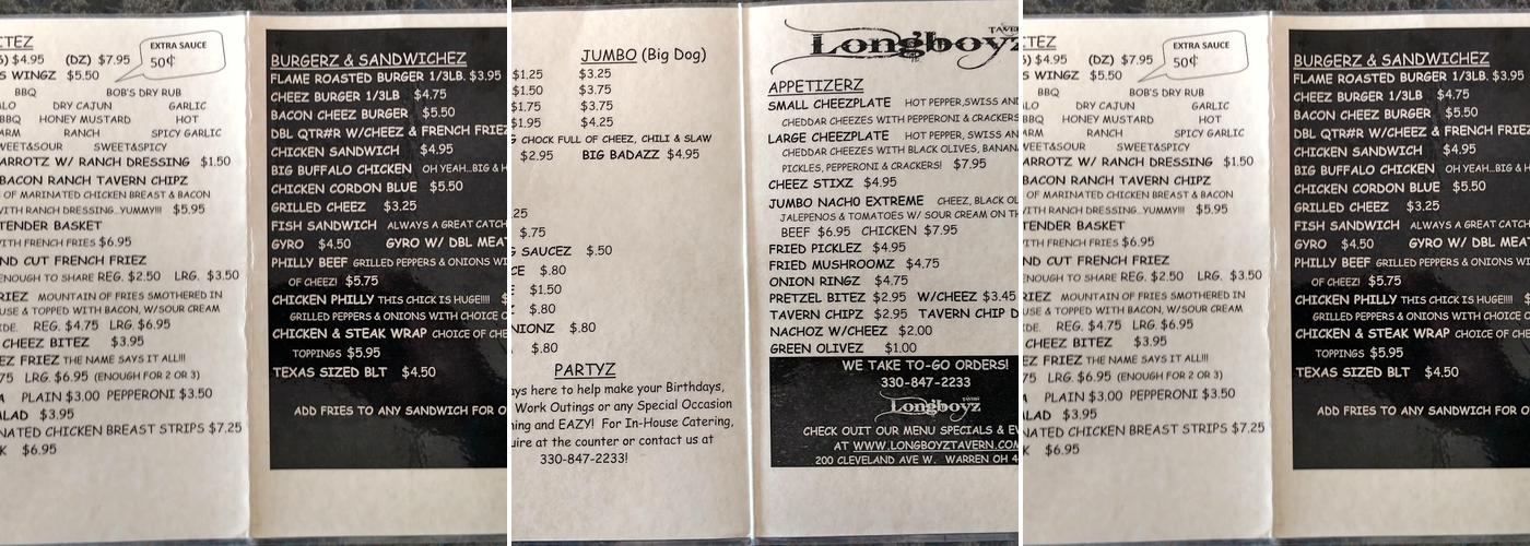 Longboyz Tavern of Warren Menu