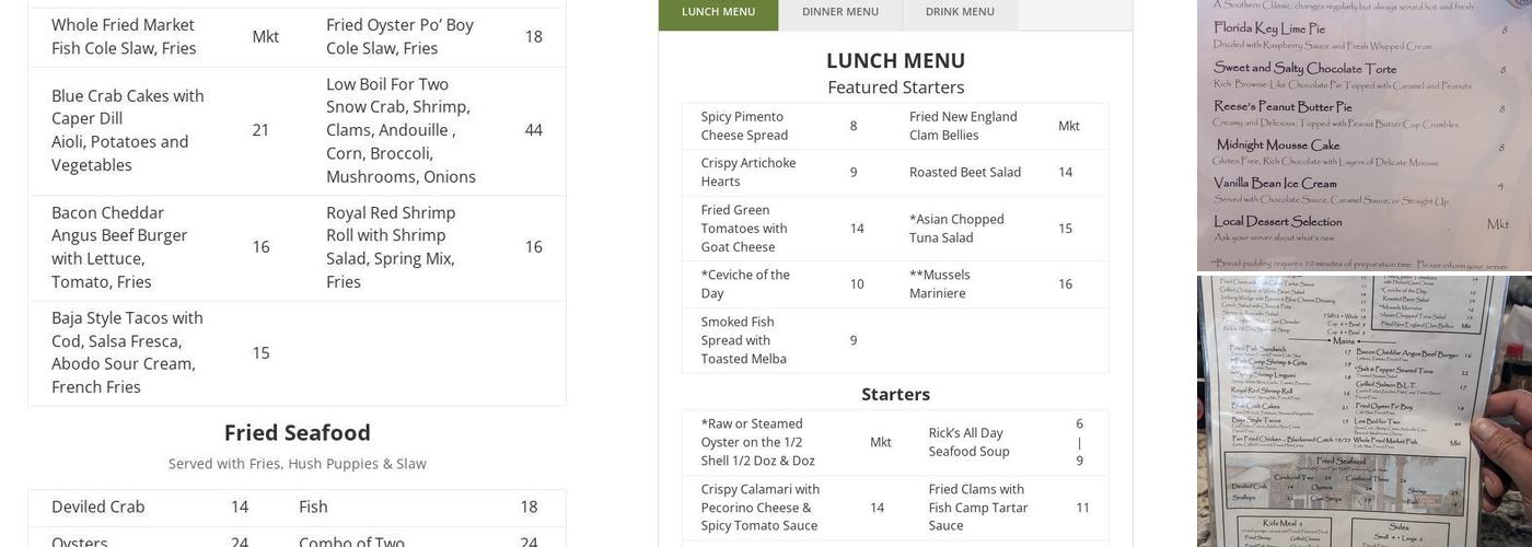 Julington Creek Fish Camp Menu