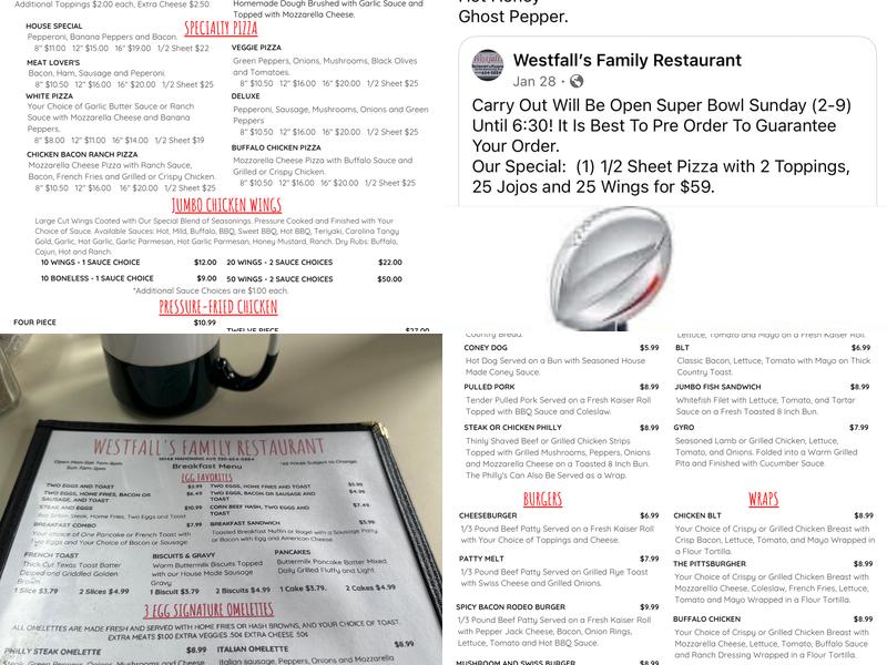 Westfall's Family Restaurant Menu