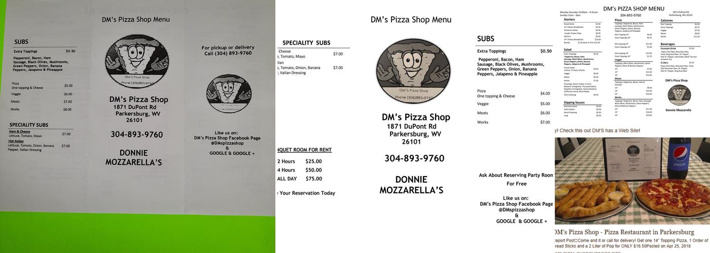 DM's Pizza Shop Menu