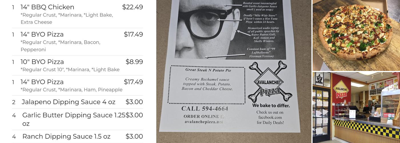 Avalanche Pizza Menu