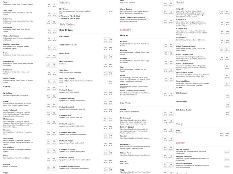 Santoro's Pizza Menu