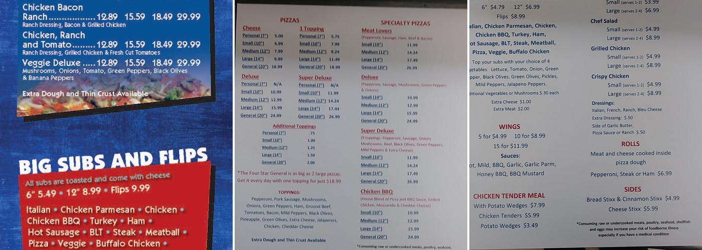 Four Star Pizza Menu