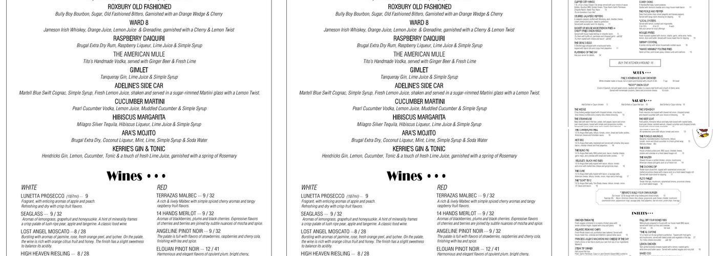 Adeline's Speakeasy Kitchen Bar Menu