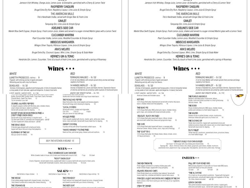 Adeline's Speakeasy Kitchen Bar Menu