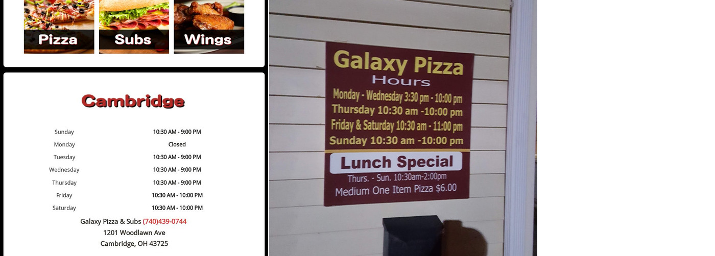 Galaxy Pizza Menu
