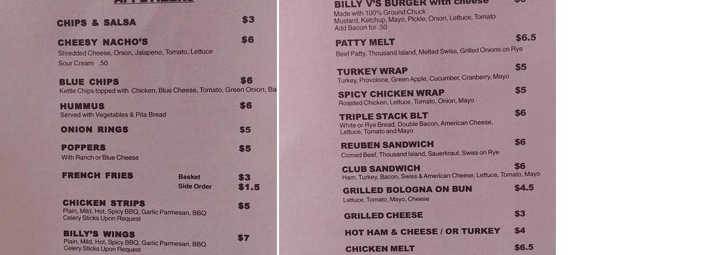 Billy V's Menu