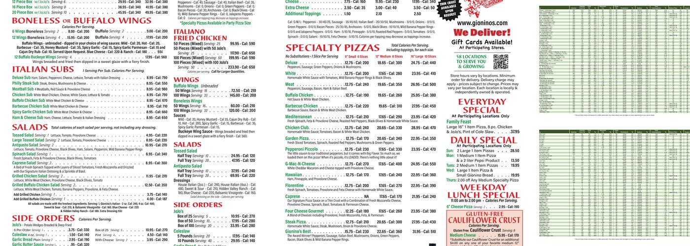 Gionino's Pizzeria Menu