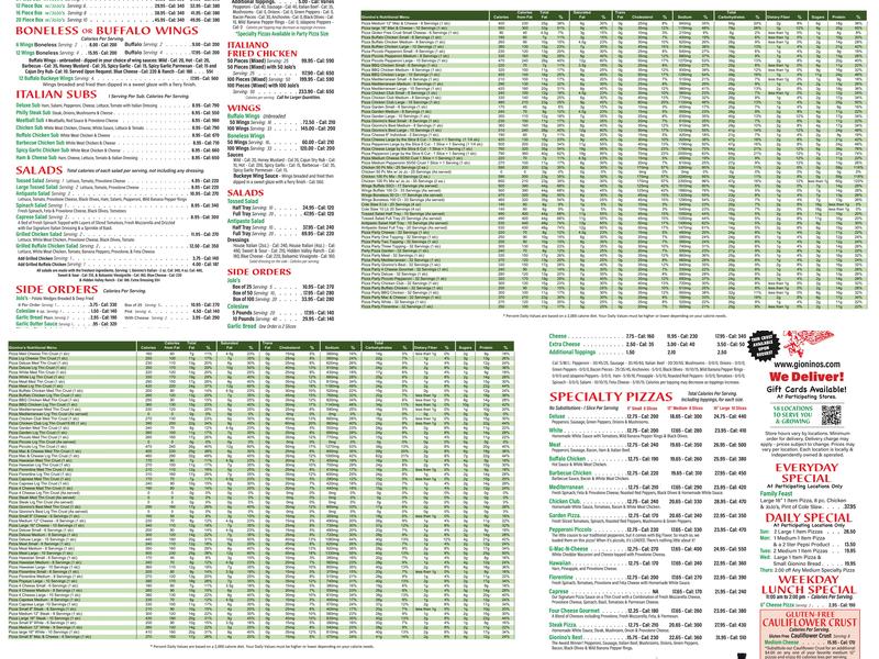 Gionino's Pizzeria Menu