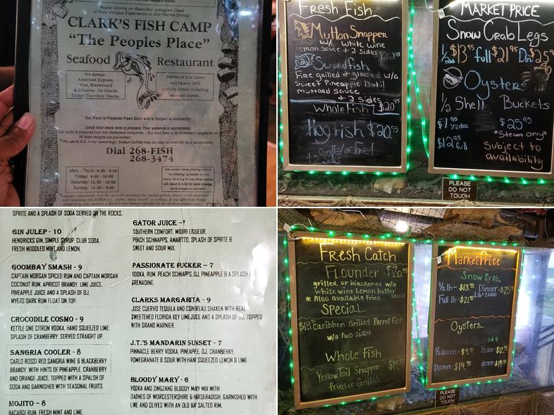 Clark's Fish Camp Seafood Restaurant Menu