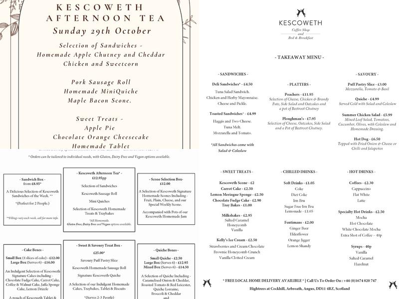 Kescoweth Coffee Shop and Bed & Breakfast Menu