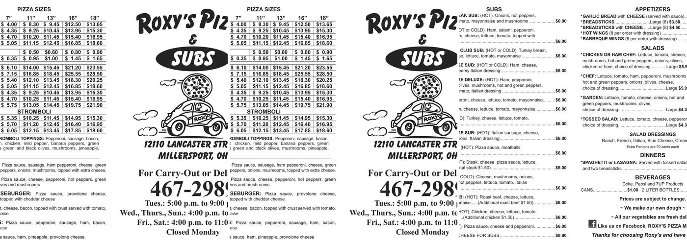 Roxy's Pizza & Restaurant Menu