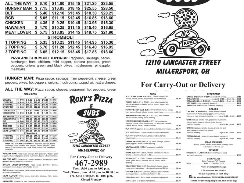 Roxy's Pizza & Restaurant Menu