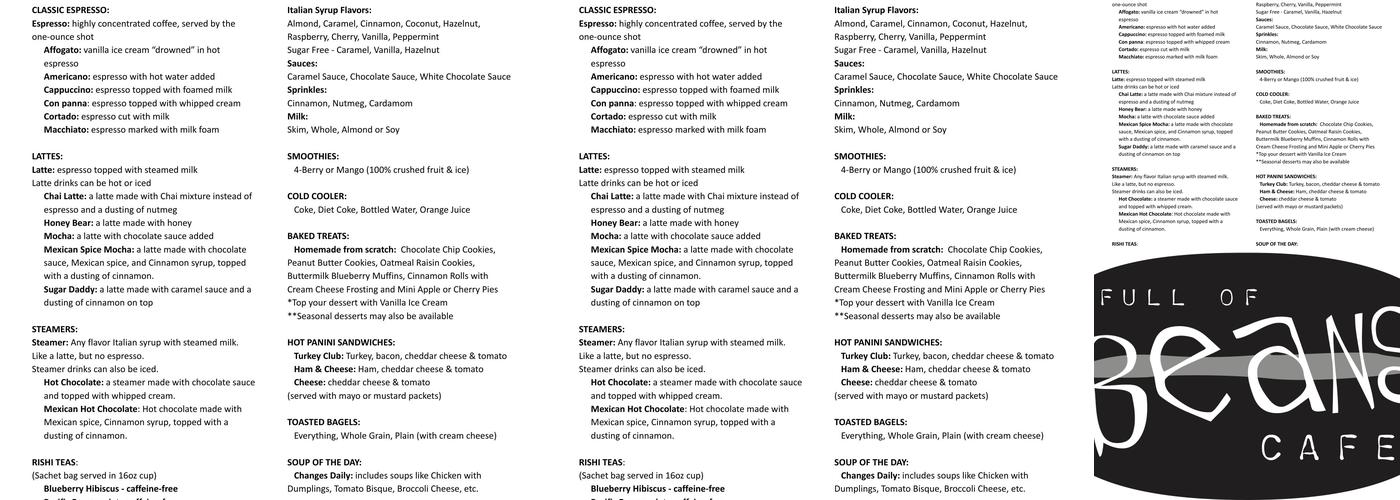 Full of Beans Cafe Menu